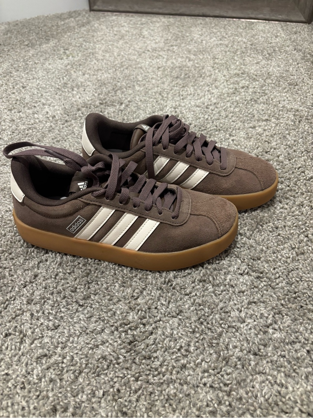 adidas Women’s Brown Suede Sneakers with White Stripes and Gum Sole